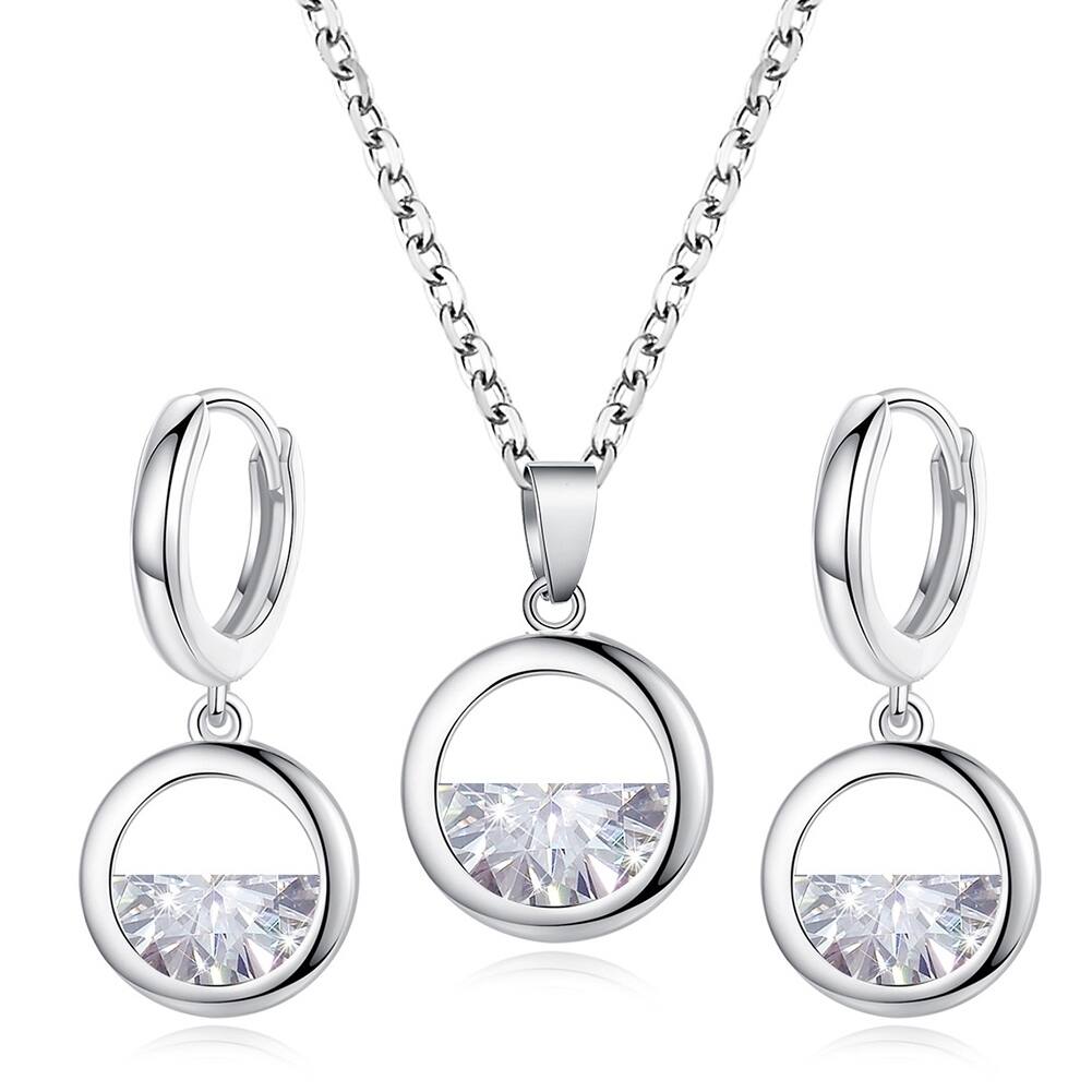 Women Cubic Zirconia Hollow Round Pendant Necklace Huggie Earrings Jewelry Gift