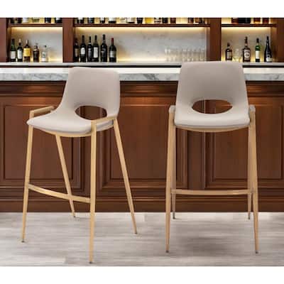 Set of Two 30" Beige And Gold Faux Leather And Steel Low Back Bar Height Bar Chairs