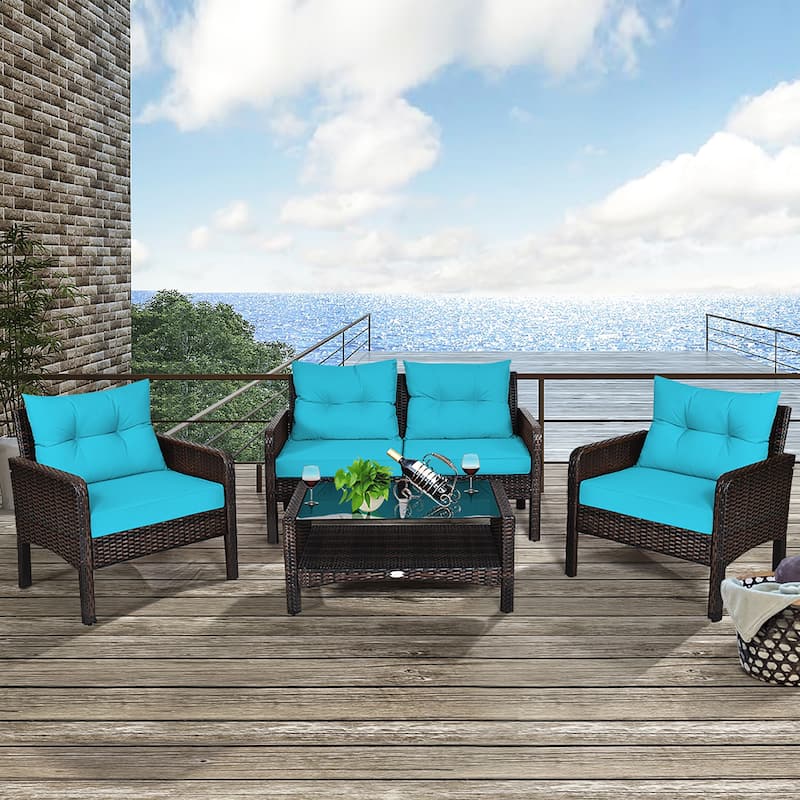 Costway 4PCS Patio Rattan Furniture Set Loveseat Sofa Coffee Table - 28'' x26'' x29''
