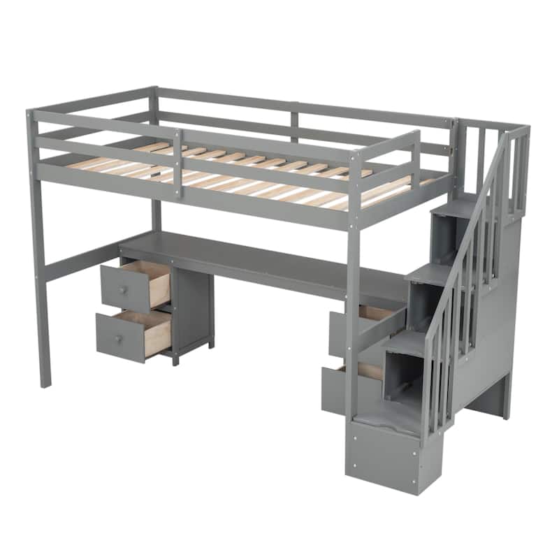Gray Twin Size Solid Wood Loft Bed with Built-in Desk and Storage Drawers