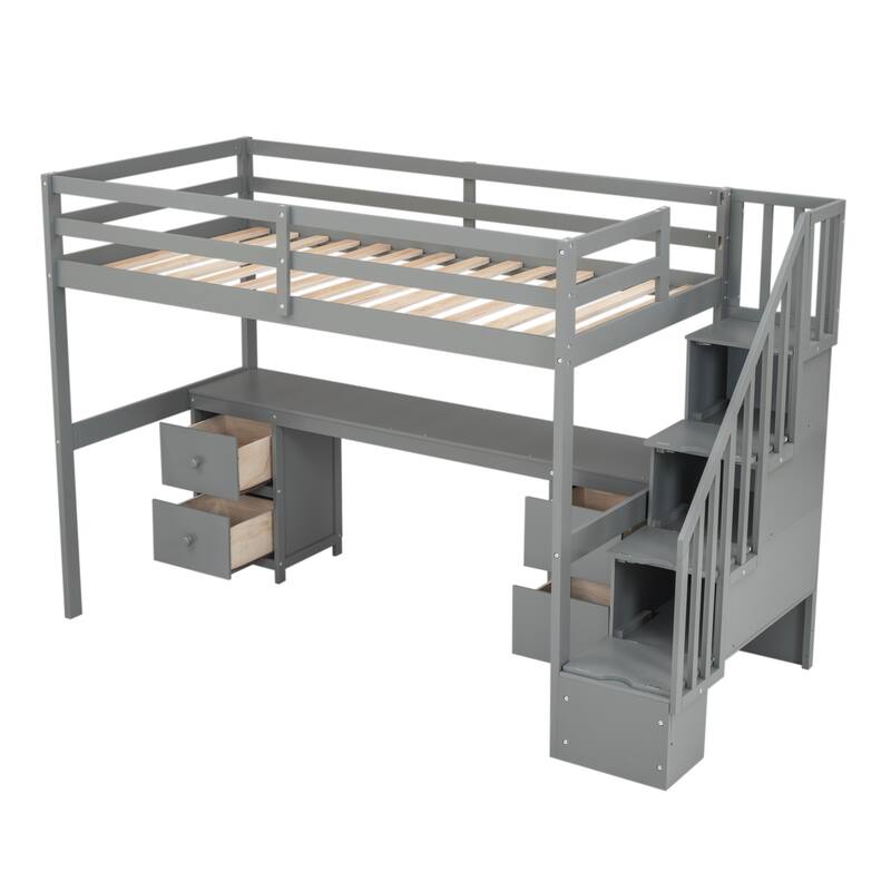 Twin Size Solid Wood Loft Bed with Built-in Desk and Storage Drawers