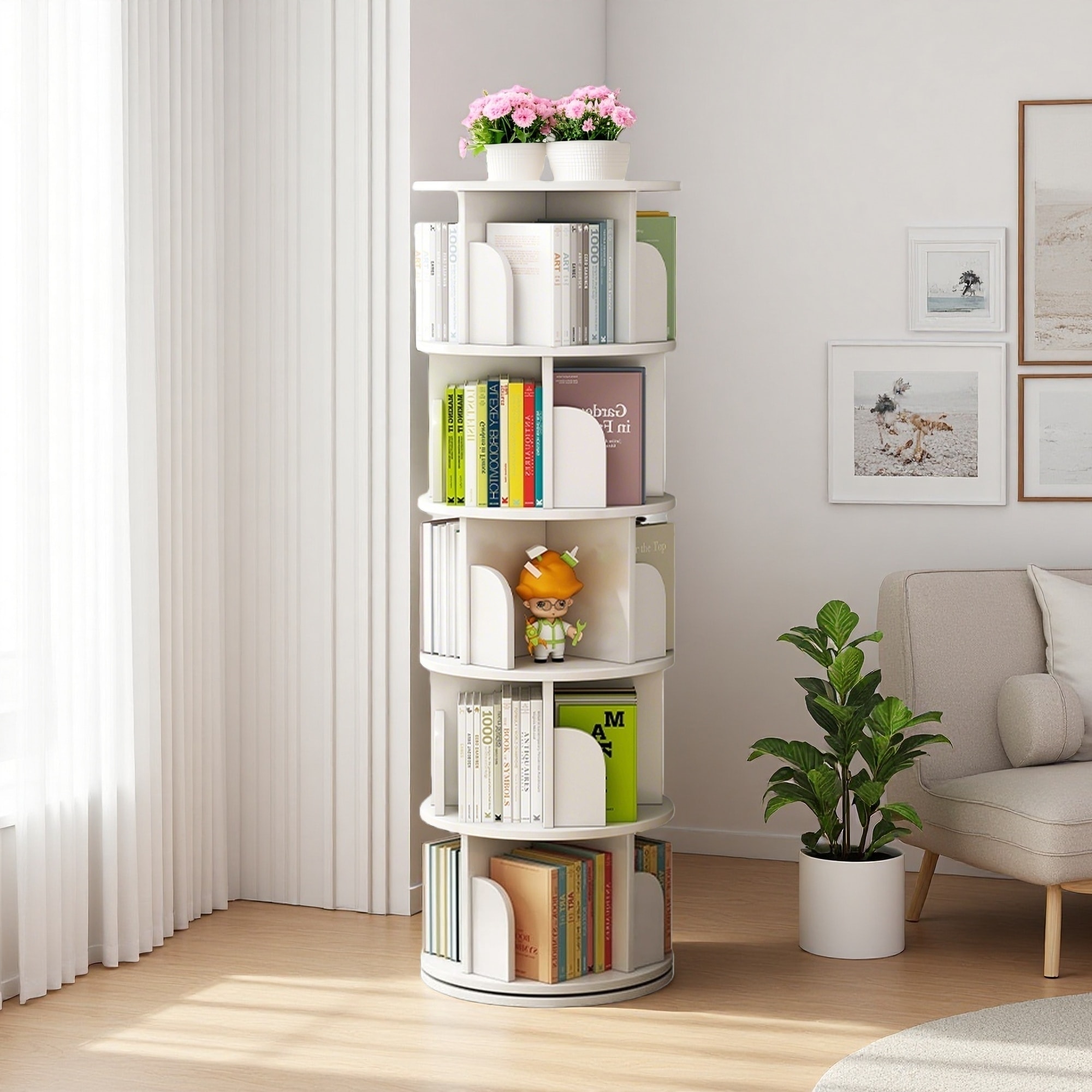 61.8"H 5-Tier Rotating Bookshelf, 360° Round, Space-Saving Small Space Storage