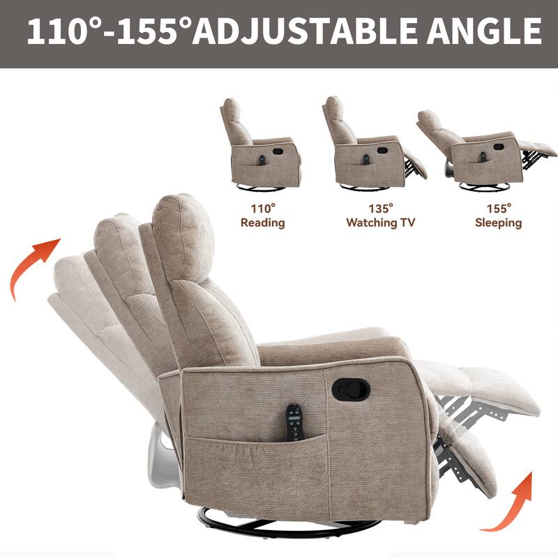 Swivel Recliner Chair with Heat & Massage, Heavy Duty Manual Recliner Chair, Glider Rocker Chair with Side Pocket