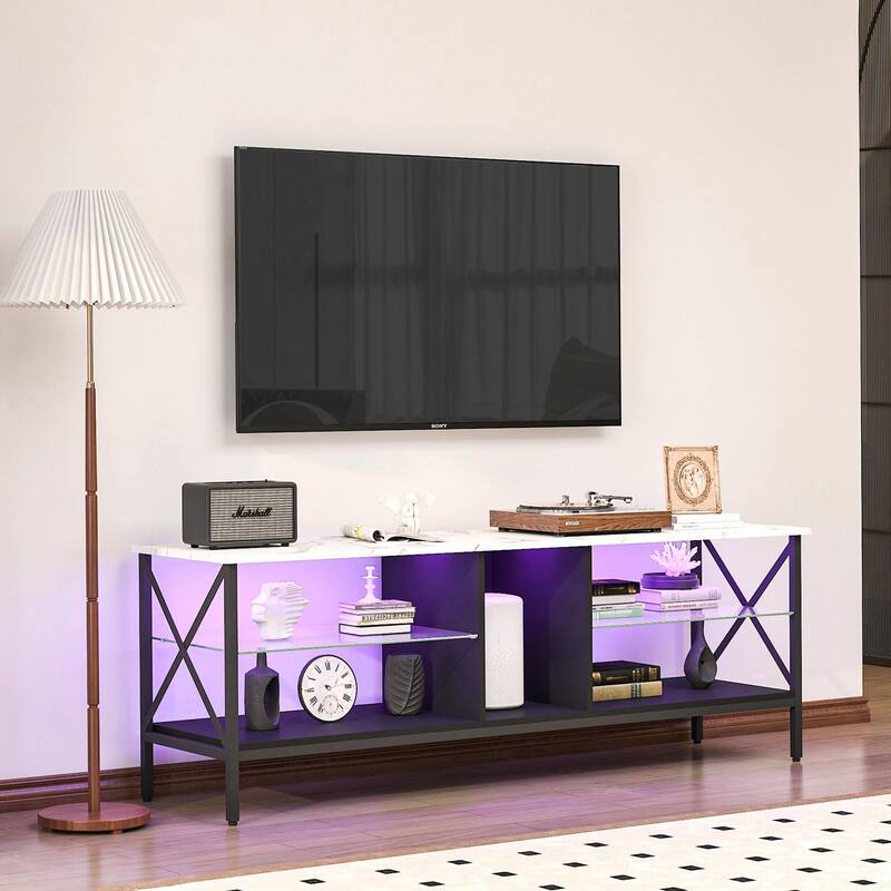 Modern Iron TV Stand with LED Lights, Remote Control, and Toughened Glass Shelves
