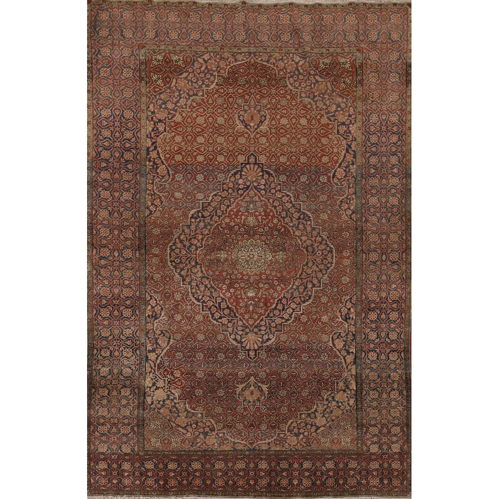 Pre-1900 Antique Kashan Mohtasham Persian Rug Handmade Wool Carpet - 4'4" x 6'5"