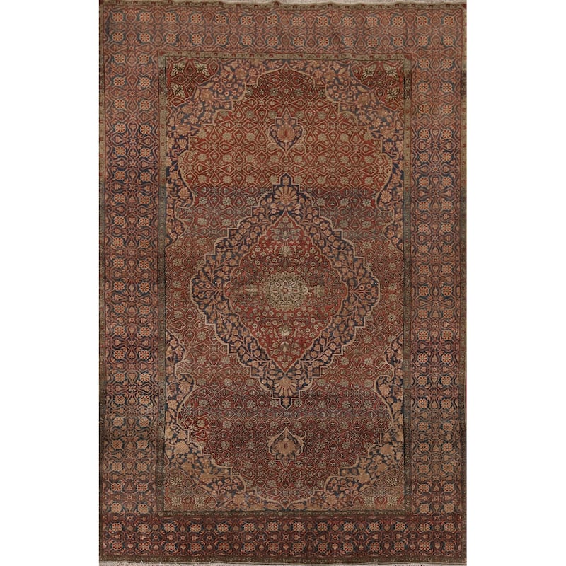 Pre-1900 Antique Kashan Mohtasham Persian Rug Handmade Wool Carpet - 4'4" x 6'5"