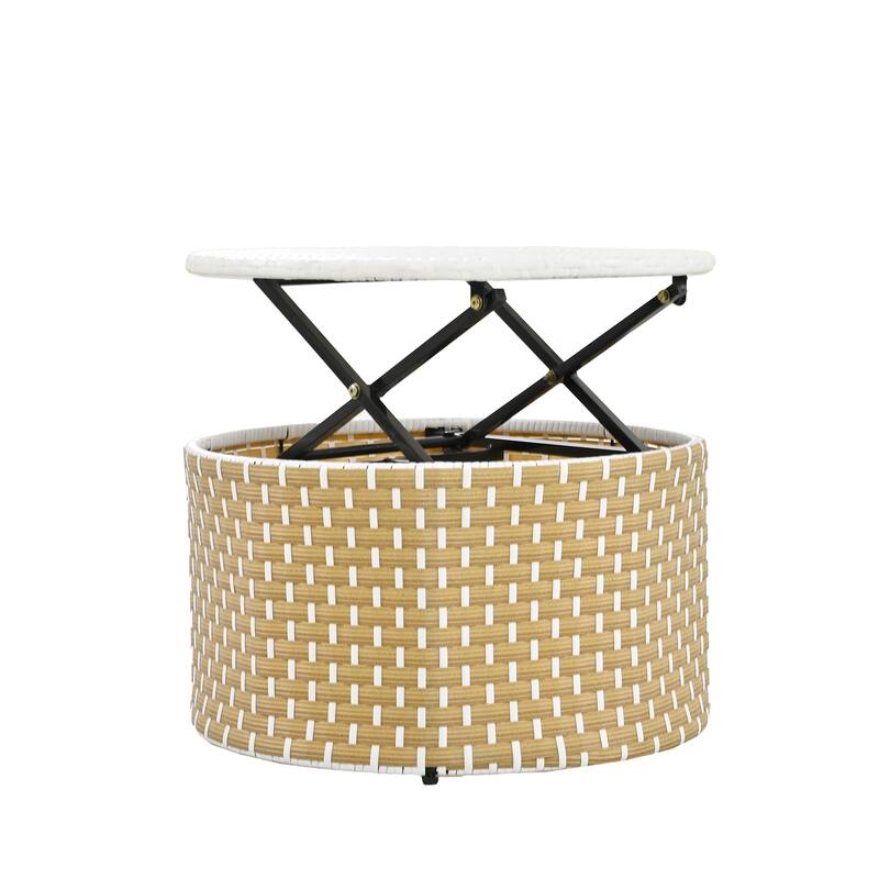 Round Outdoor Sectional Sofa Set Rattan Daybed Two-Tone Weave Sunbed with Retractable Canopy, Separate Seating