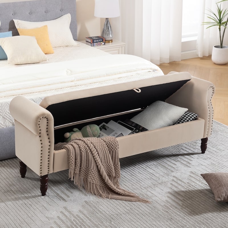 HOMYKA 66.9" Tufted Storage Bench with Rolled Arms Ottoman Long Bench
