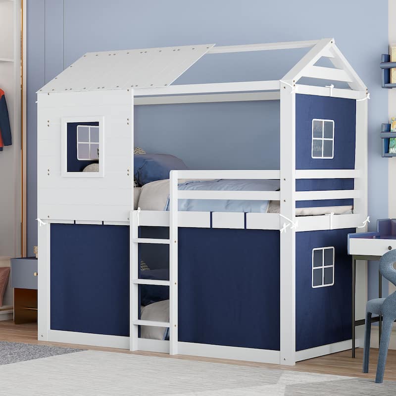 Playhouse Bed Floor Bunk Bed Kids Loft Bed with Tent