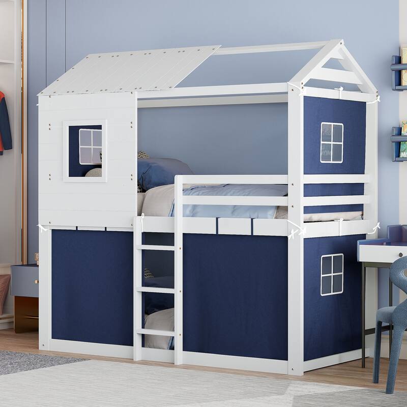 Twin Size Bunk Bed with Playhouse Tent Design and Solid Pine Wood Frame - Blue