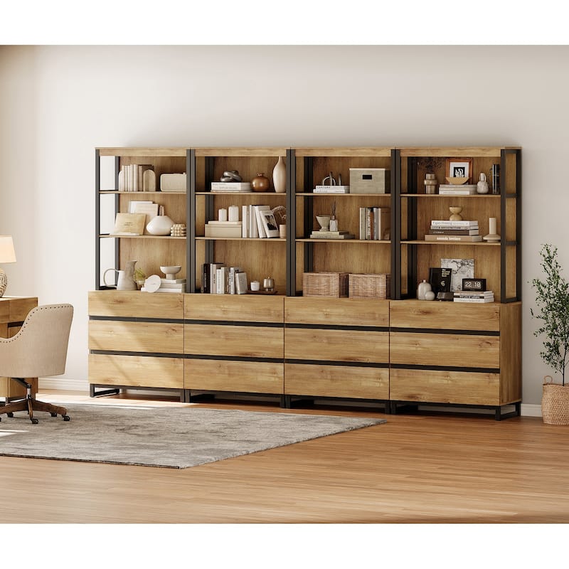 WAMPAT Modern TV Stand with 3 Tiers Bookshelf, Farmhouse Entertainment Center with 12 Drawers and Adjustable Shelf