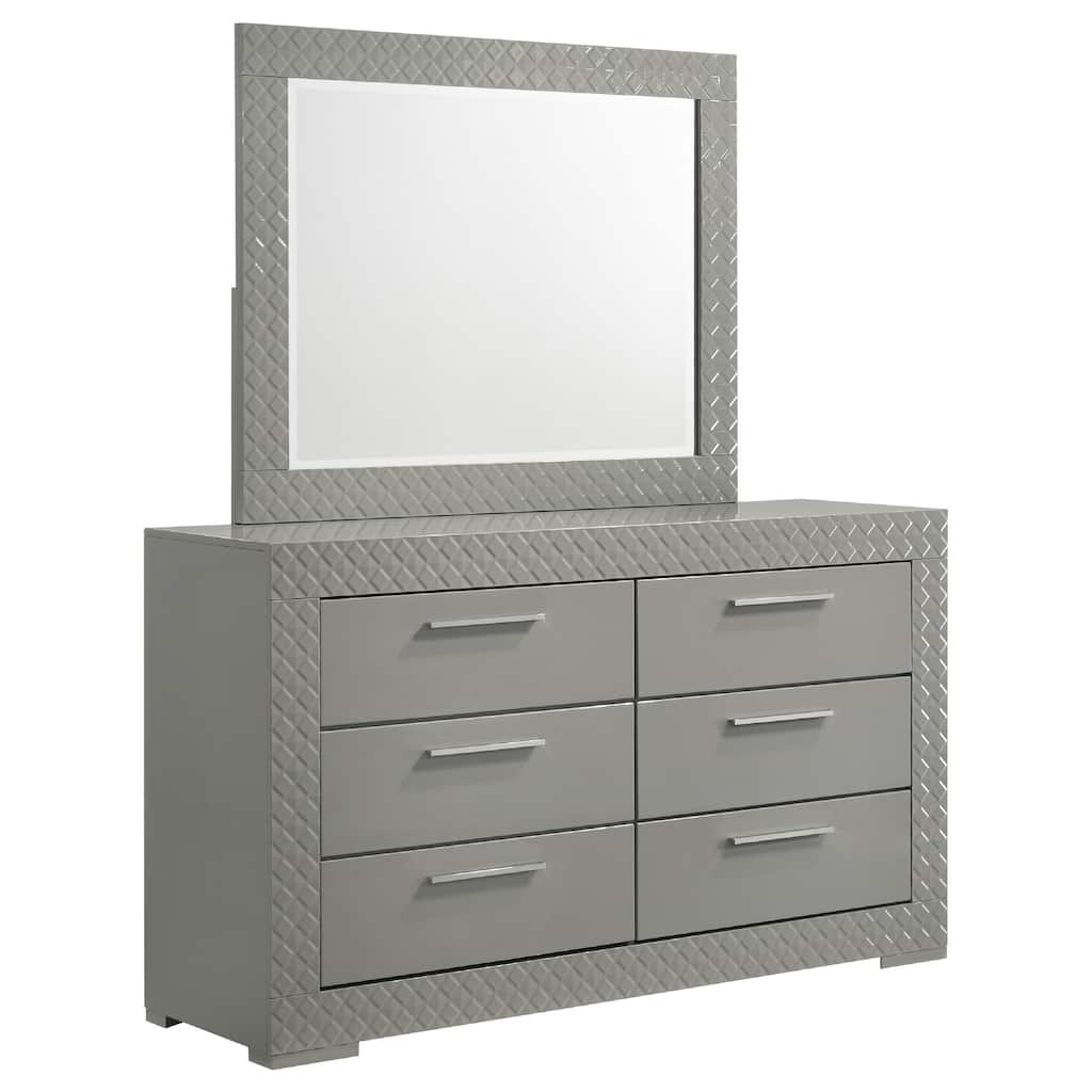 Ivon Wide Dresser with Mirror, 6 Drawers, Gray High Gloss Wood, Metal