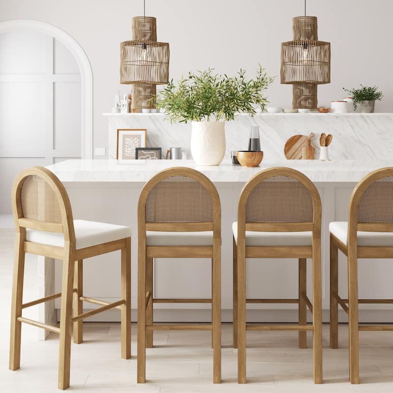 Bailey Boucle Upholstered Rattan Bar Stool or Counter Height Stool with Natural Rattan Woven Back For Kitchen Island