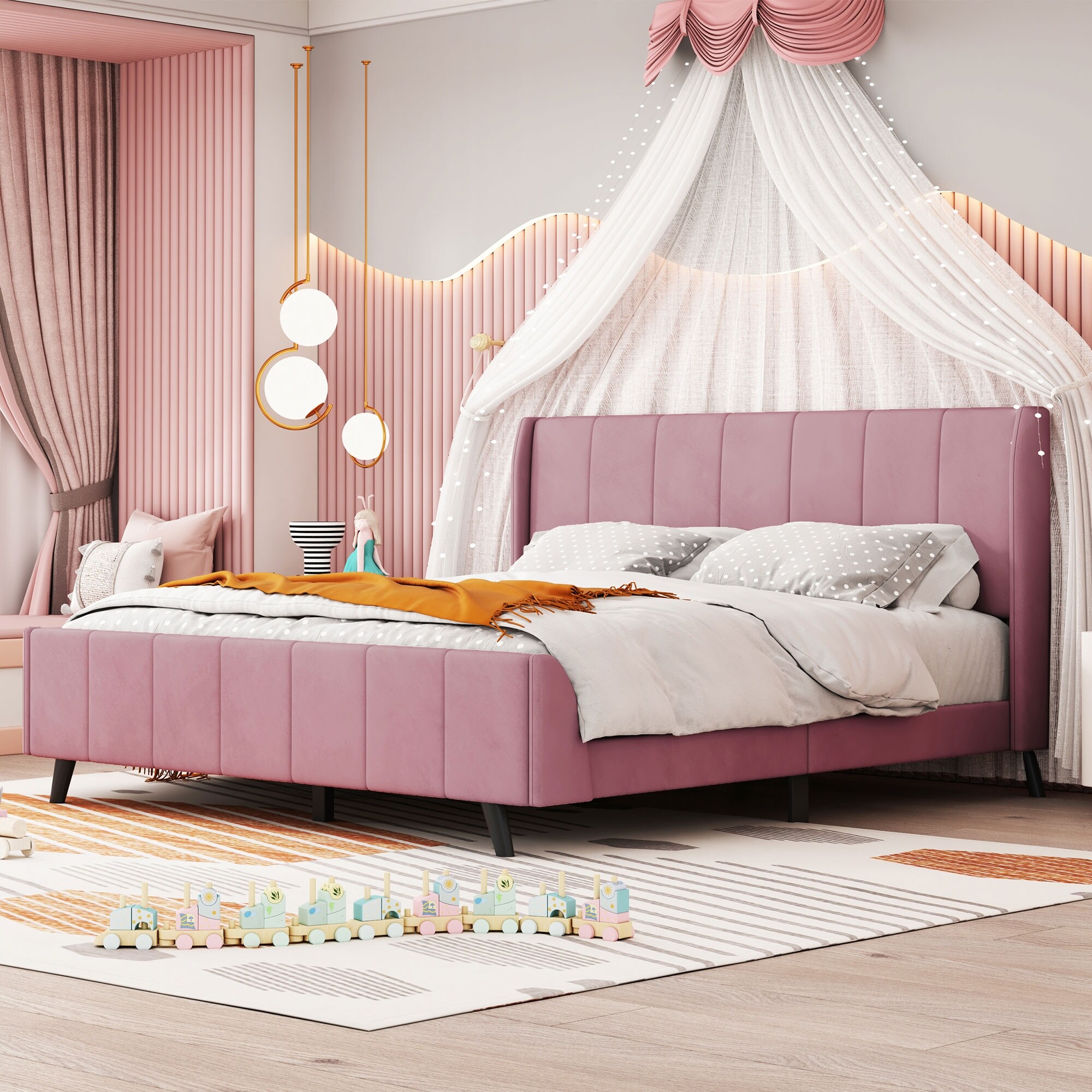 Pink wingback bed deals