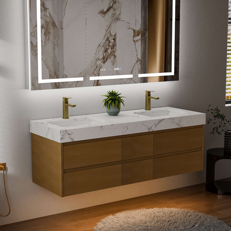 Modland 60" Floating Bathroom Vanity, Modern Maple Wood Wall Mounted Vanity with Marble Countertop,6 Soft-Close Drawers