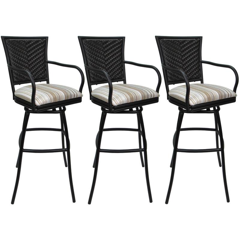 Set of 3 Outdoor Indoor Bar Stool Counter, Extra Tall - Erin with Arms - Driftwood Whitelinen - Black - Counter Height