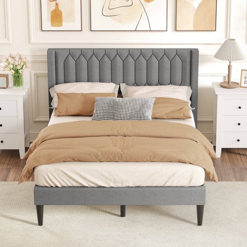 Modern Queen Velvet Upholstered Bed Frame with Cushioned Wingback and 10 Legs Slatted Platform