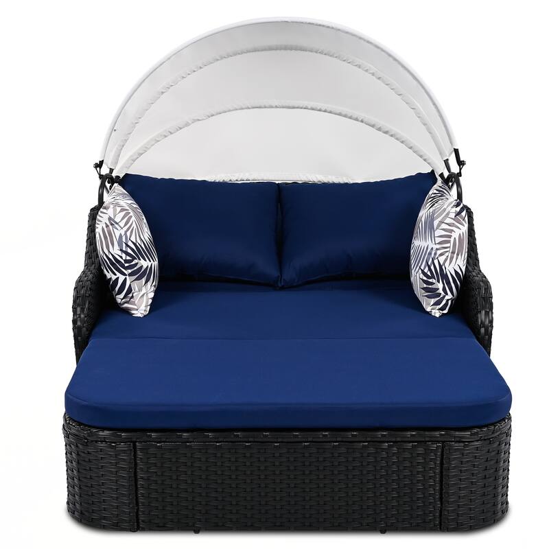Outdoor Sunbed with Adjustable Canopy, Double lounge, PE Rattan Daybed