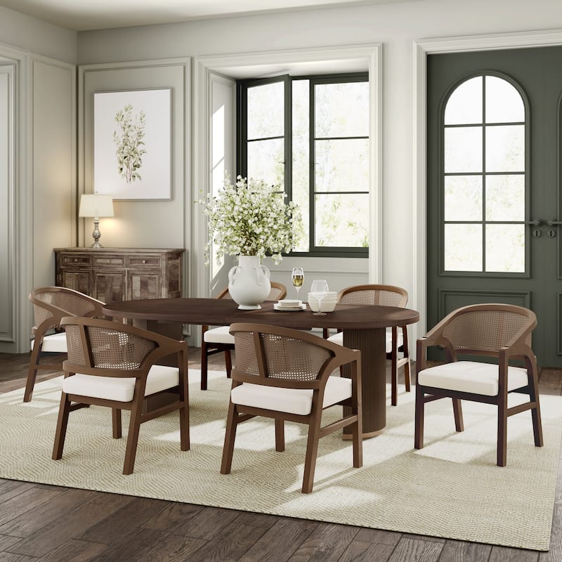Christopher Knight Home - Acantha Rubberwood Frame with Rattan Back 7 Piece Dining Set - Beige + Walnut