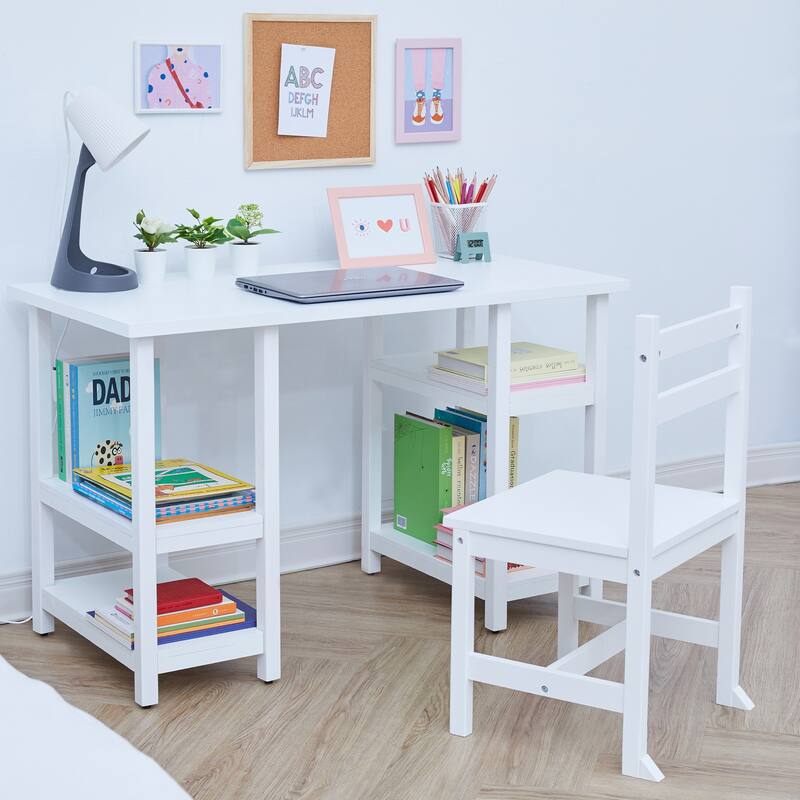 Fantasy Fields - Kids Wooden Desk & Chairs Set - White - 40"W x 17.5"L x 25.5"H