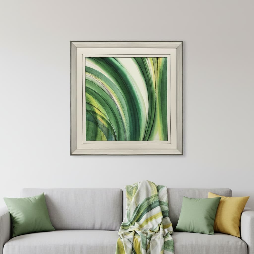 HomeRoots Modern Abstract Green Curvy Leaves Silver Framed Wall Art