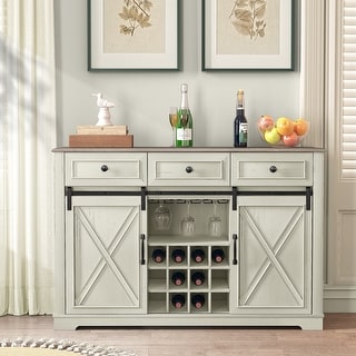 54" Farm Style Wood Buffet Bar Cabinet w/Wine & Glass Rack