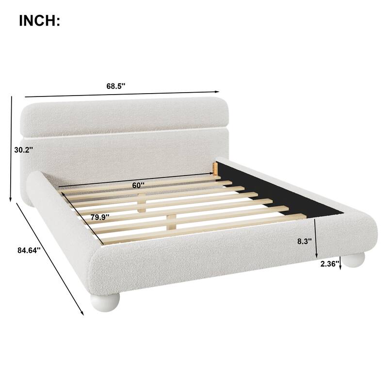 Teddy Upholstered Low Profile Bed Curved Platform Queen Bed wRound Leg