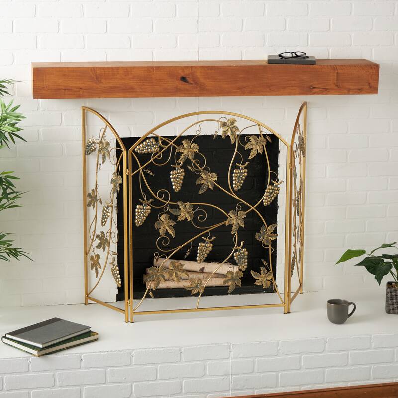 Gold Metal Foldable 3 Panel Fruit Living Room Fireplace Screen with Leaf Accents