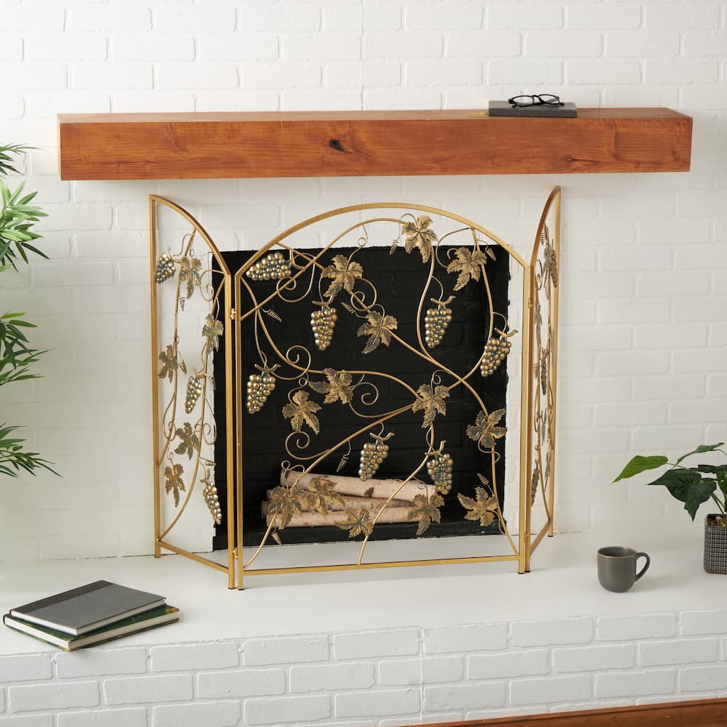 Gold Metal Foldable 3 Panel Fruit Living Room Fireplace Screen with Leaf Accents
