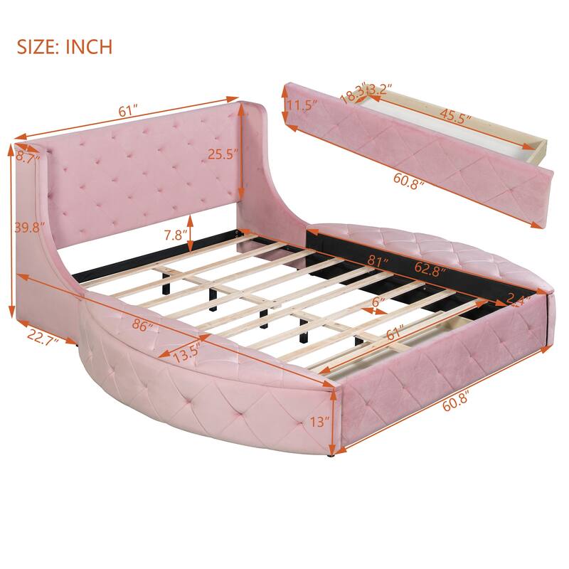 Low Profile Bed Queen Size Velvet Upholstered Platform Bed with Wingback Headboard, Big Drawer and 2 Semicircle Side Stools