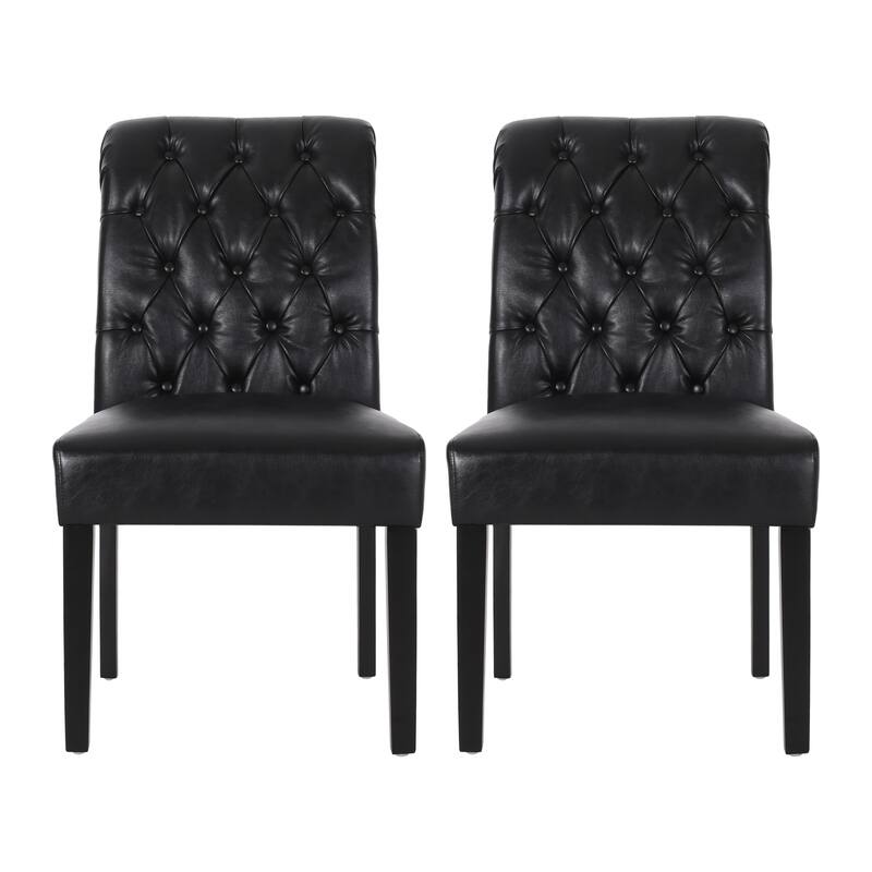 Roomfitters Set of 2 Black Tufted Dining Chairs, Upholstered Roll Top Kitchen Seating with Sturdy Legs, Elegant Padded Accent