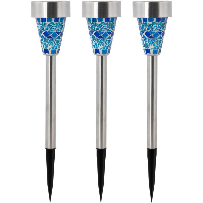 Set of 3 Blue Mosaic Stained Glass Solar Powered LED Pathway Markers 15.5"
