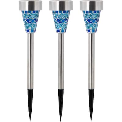 Set of 3 Blue Mosaic Stained Glass Solar Powered LED Pathway Markers 15.5"
