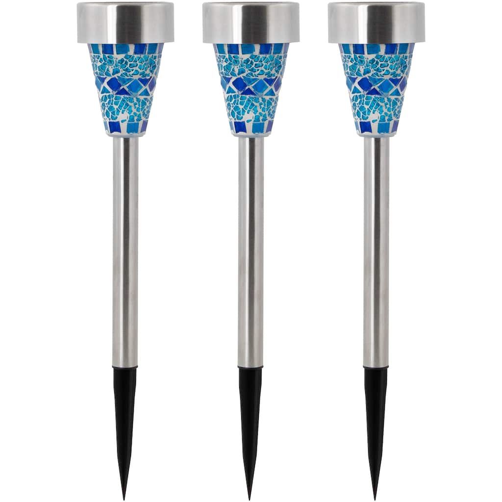 Set of 3 Blue Mosaic Stained Glass Solar Powered LED Pathway Markers 15.5"