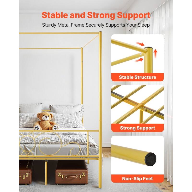 Gold Metal Full Canopy Bed Frame with Storage and DIY Decoration Rails