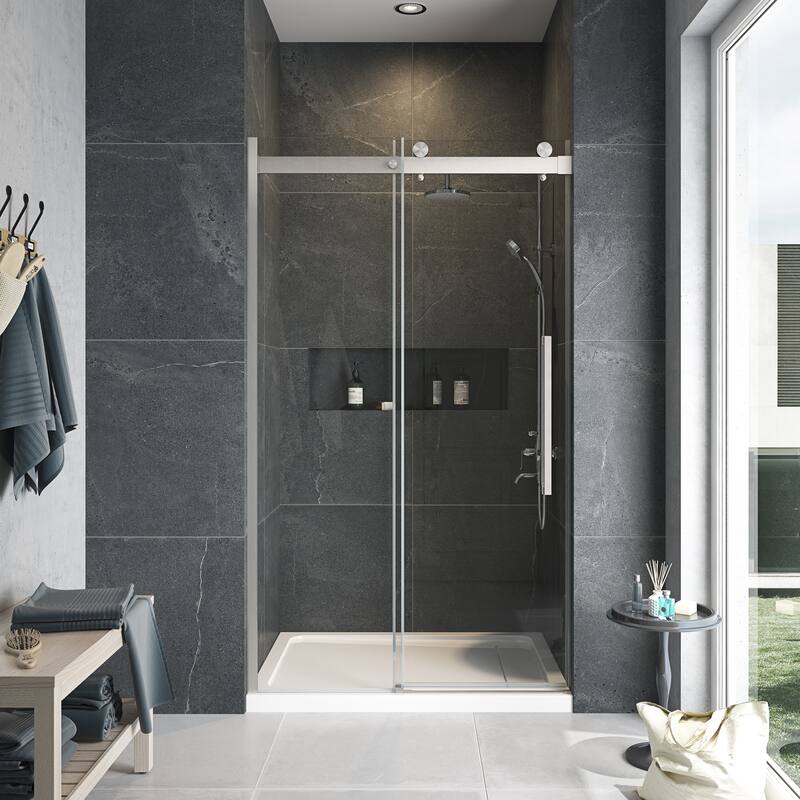 Bel Soft-Close 2-Piece Base Door Rectangular Alcove Shower Kit - 48 - Satin Nickel