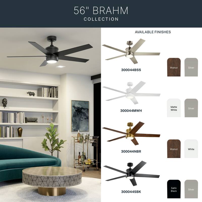 Kichler Brahm 56 inch LED Ceiling Fan Natural Brass with Walnut and White Blades