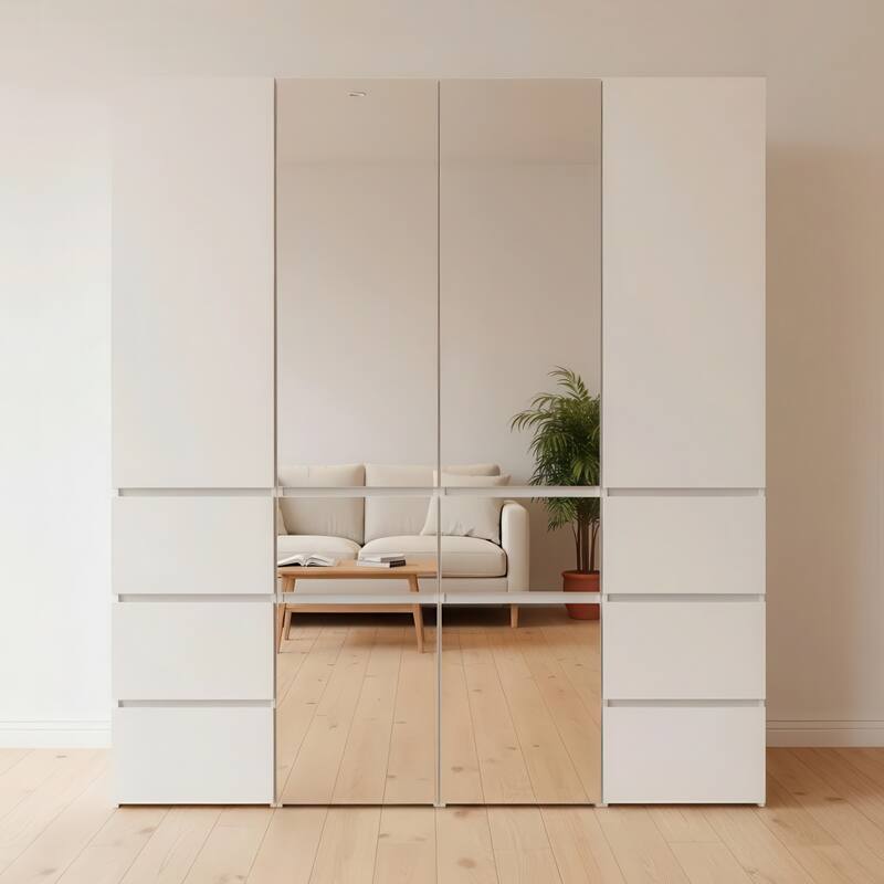 Elise Modular Wood Closet System with Mirror in White - 62.8"D x 17.72"W x 70.9"H