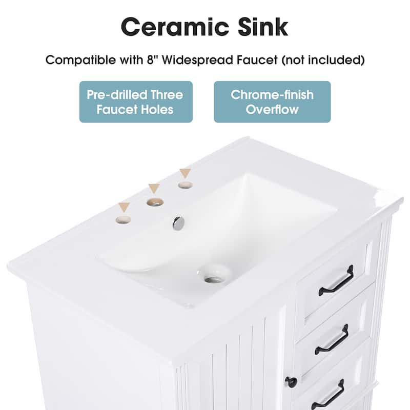 30" Bathroom Vanity with Sink, Freestanding Cabinet with 1 Door and 3 Drawers, Solid Wood Legs, MDF Structure, Soft-Close