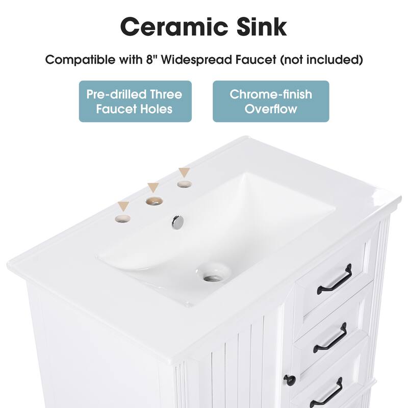 Roomfitters 30" Bathroom Vanity with Integrated Ceramic Sink, Solid Wood Frame and 3-Drawer Storage