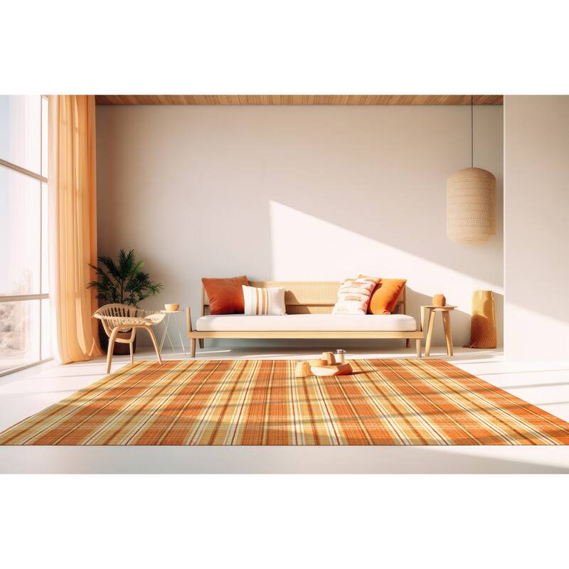 Home Decor EORC Hand-Knotted Wool Plaid Rug, Orange Stylish and Durable Area Rug for Adding Warmth and Texture to You - 8' x 10'
