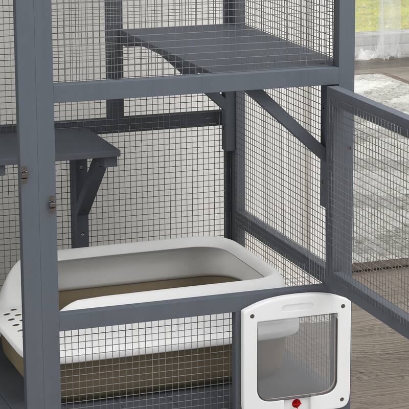 PawHut Large Cat House, Indoor / Outdoor Wooden Cat Catio on Wheels, Cat Enclosure with Platforms, Hammock, Cat Flap Door