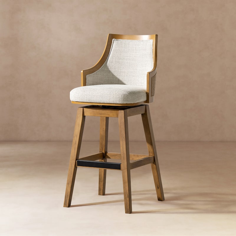 Bahama 26" Cane Rattan High-Back Swivel Counter Height Bar Stool - Single - Two-Tone Neutral Gray Polyester Wool Blend - Bar Height