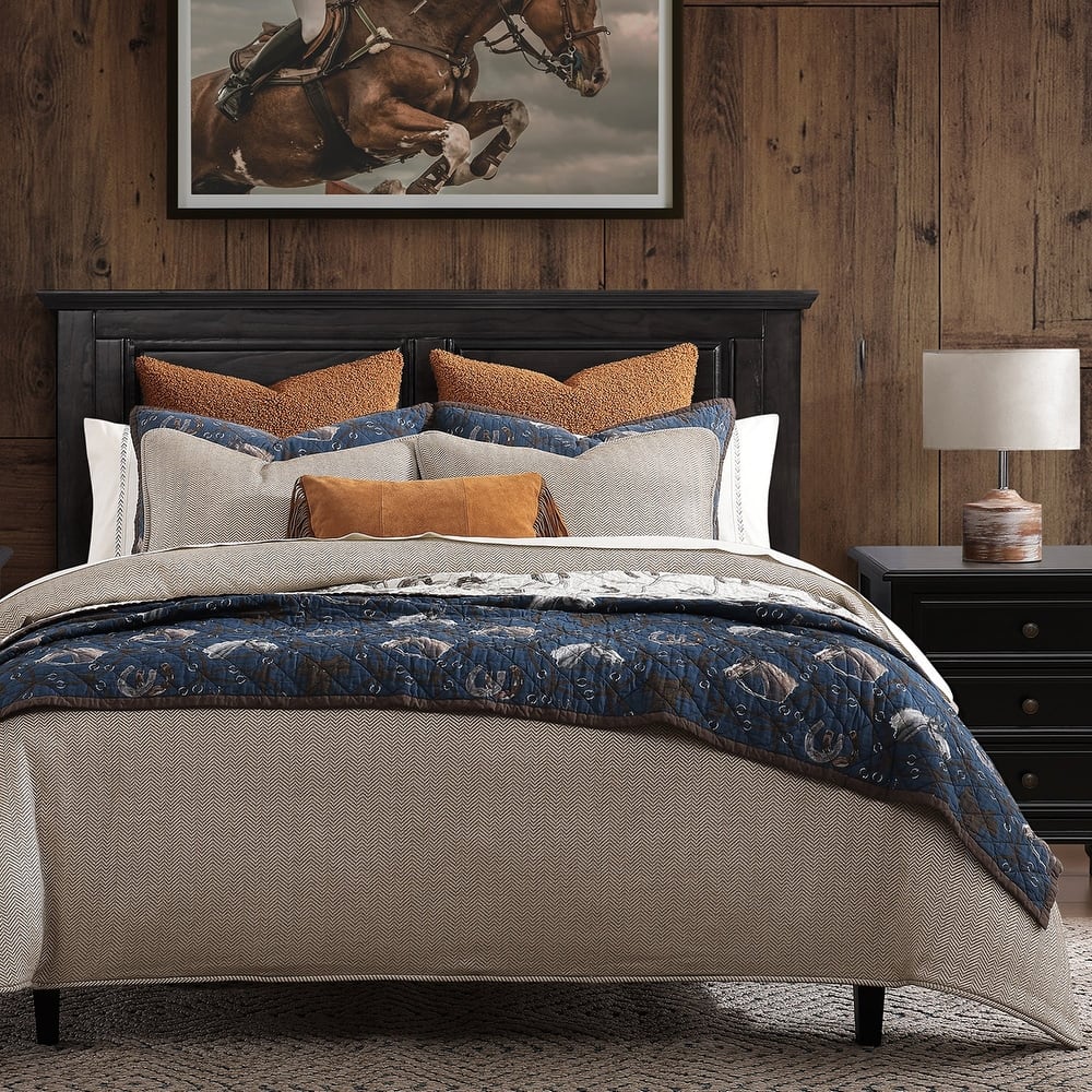 Tasha Polizzi Saratoga Western Rustic Navy Blue Horse Horseshoe Pattern 3 Piece Reversible Quilt with Pillow Shams