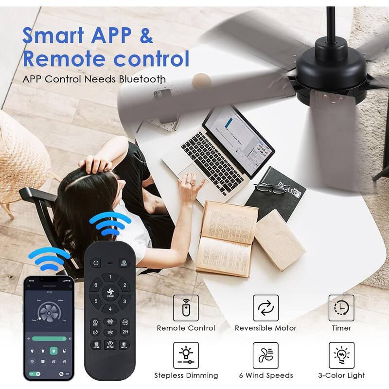 52" Indoor and Outdoor Ceiling Fan with Light Modern Ceiling Fan ,Remote and APP Conrol - 52 Inches