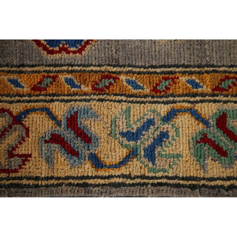 Geometric Kazak Runner Rug Hand-Knotted Grey Wool Carpet - 2'7" x 16'3"