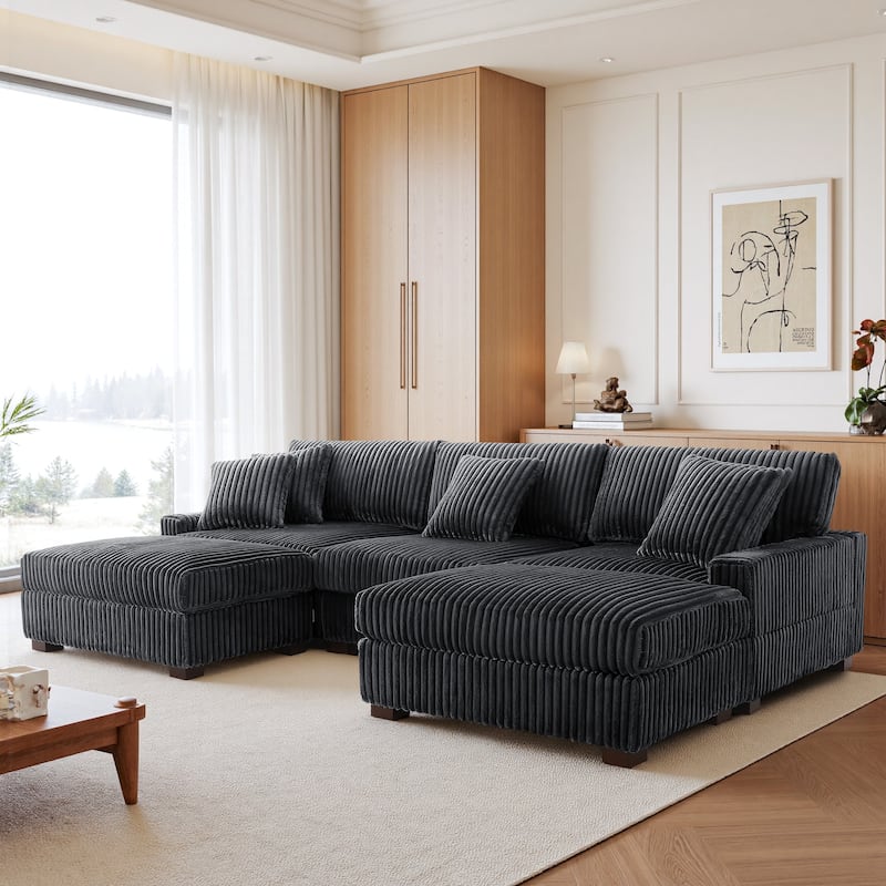 Mia 114" W Oversize Plush Corduroy Modular Sectional Sofa With Ottoman - 114" W - Grey