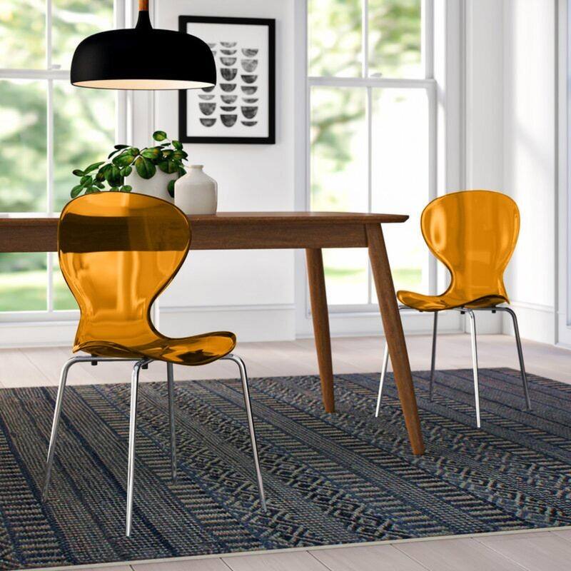 Oyster Modern Stackable Plastic Dining Chair with Curved Backrest and Accent Chrome Legs for Kitchen or Café Use Set of 2