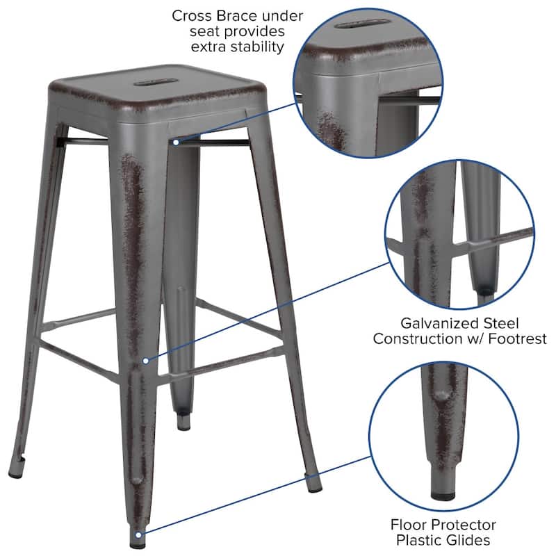 30" High Backless Distressed Metal Indoor-Outdoor Barstool - Patio Chair