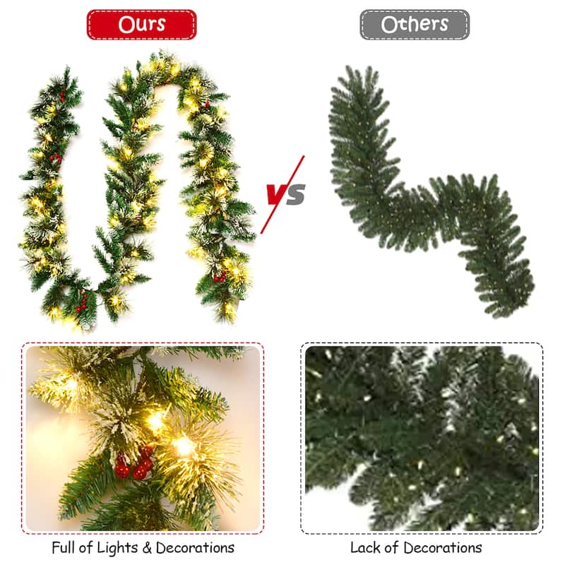 Costway 9ft Pre-lit Christmas Garland w/ Snow Flocked Tips Red Berries - 9 FT